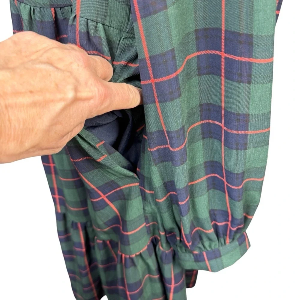 J.Crew Tartan Plaid Tiered Dress XL Green Blue Ruffle Tie Neck Long Sleeve